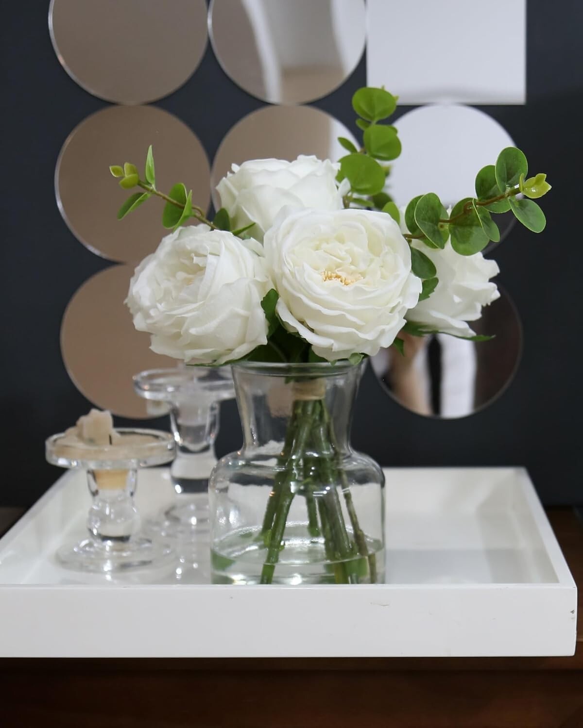 Elegant Artificial White Roses with Glass Vase - Lifelike Table Centerpiece