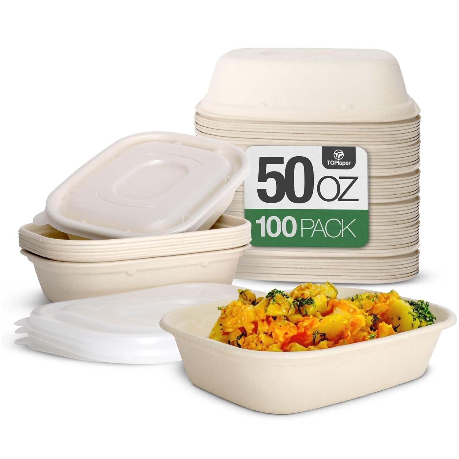 100 Pack 50 Oz Heavy Duty Compostable Paper Bowls - Leakproof and Microwave Safe
