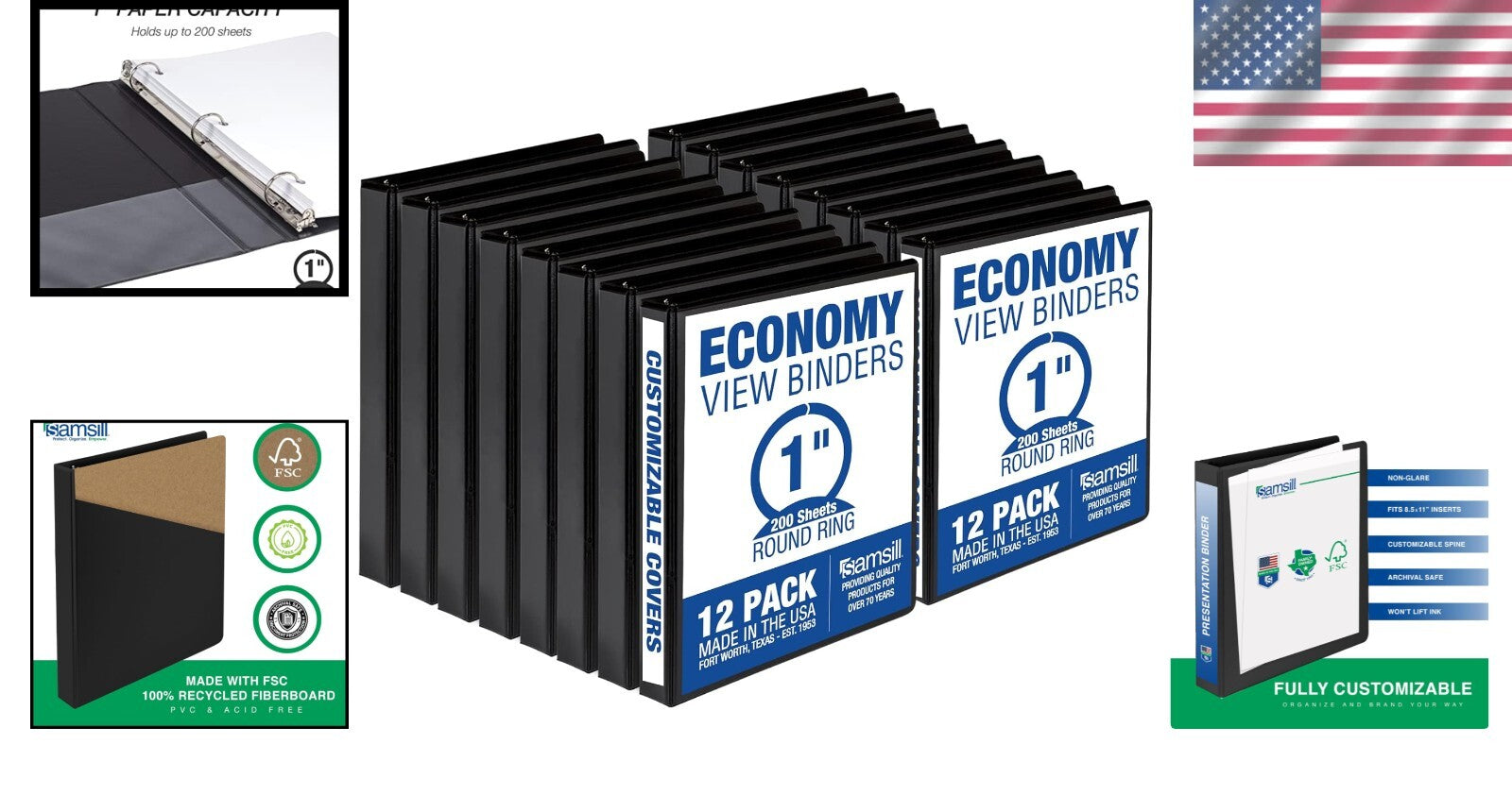 Professional 1 Inch Round Ring Binders - 12 Pack with Customizable Clear Covers