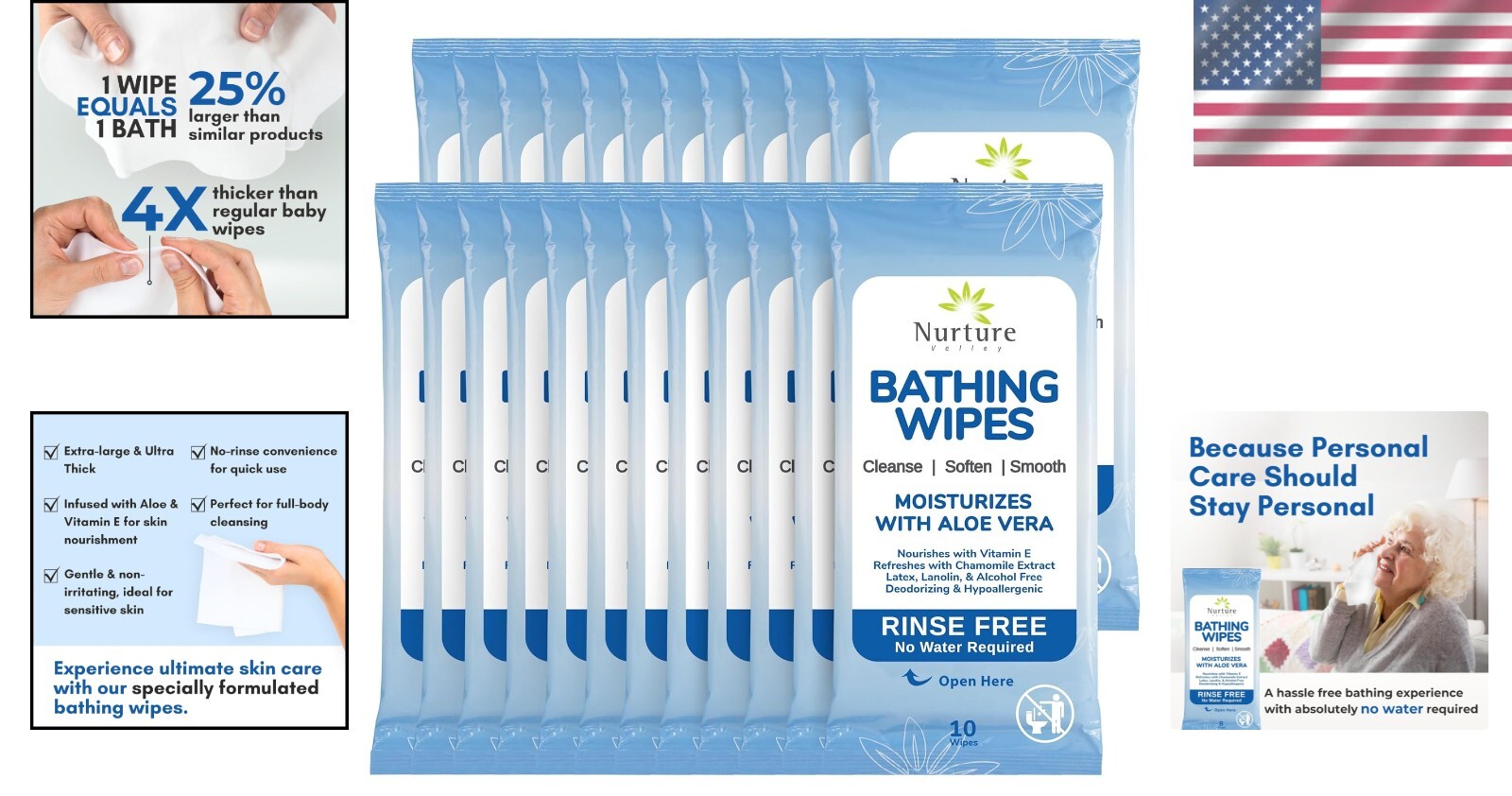 192 Rinse Free Bathing Wipes with Aloe - Disposable Cleansing for Sensitive Skin