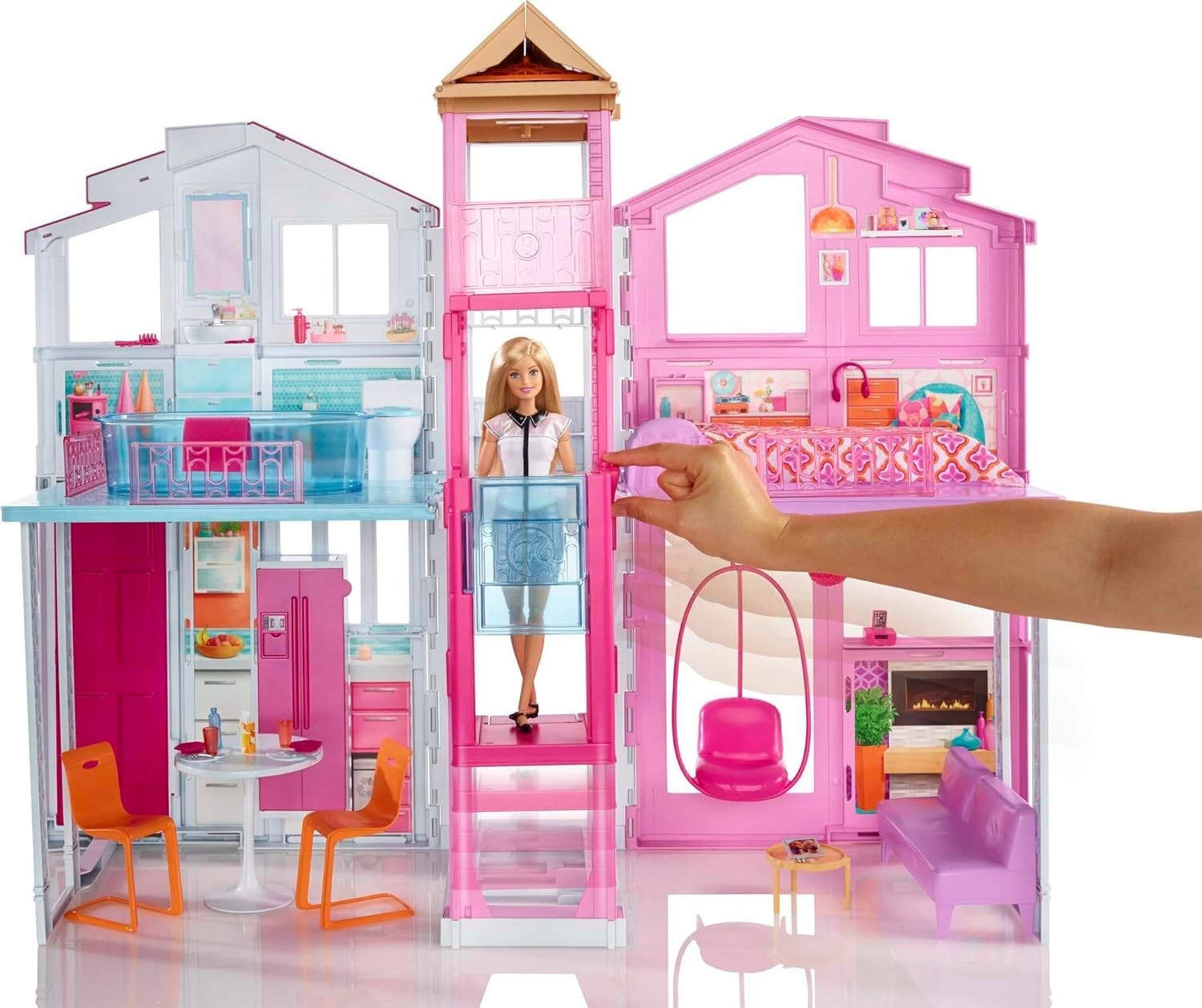 Interactive 3-Story Doll House Playset with Elevator & Swinging Lounge Chair