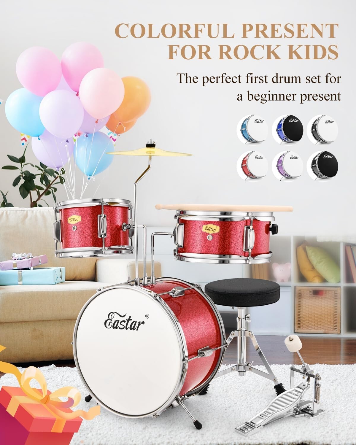 14-Inch Poplar Wood Drum Set for Kids with Cymbal & Drumming Essentials