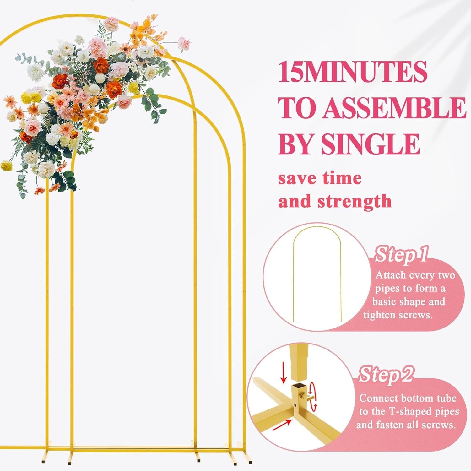 Elegant Gold Wedding Arch Stand Set of 3 - 7.2FT, 6.6FT & 6FT Backdrop Frame