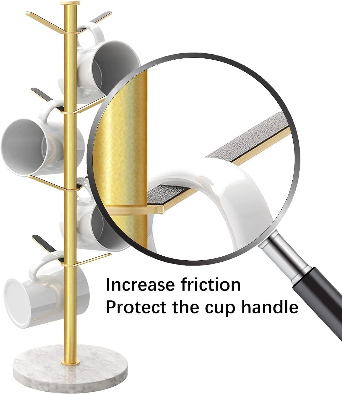 Elegant Gold Mug Holder Tree with Marble Base - 8 Hooks for Stylish Kitchens