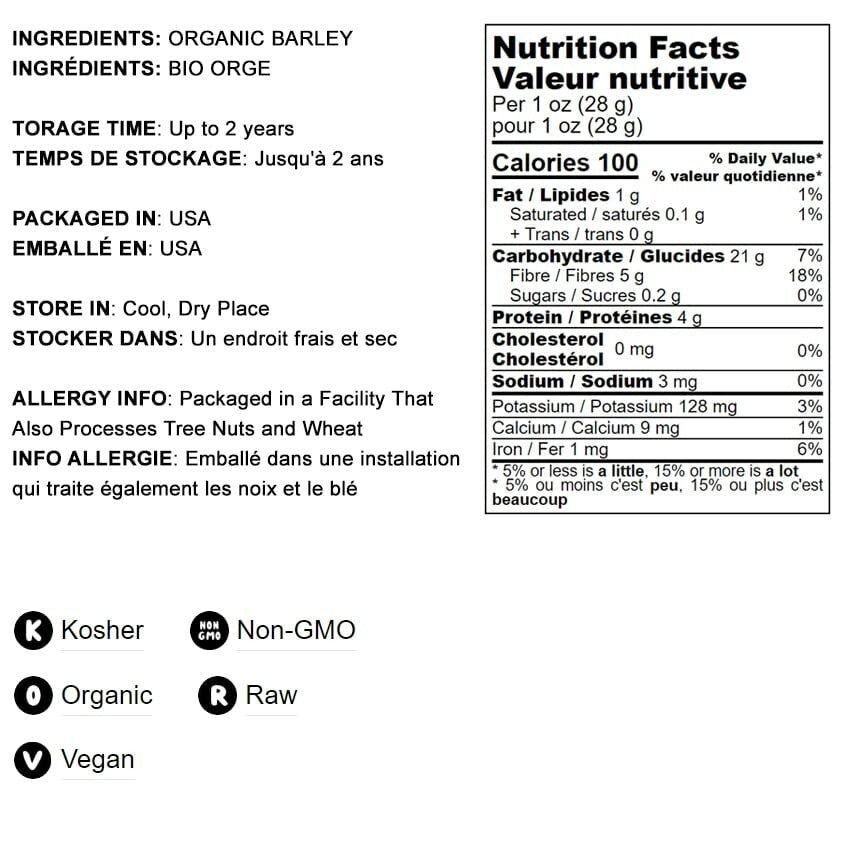 USDA Organic 20lb Hulled Barley - Nutrient-Rich Whole Grain for All Recipes