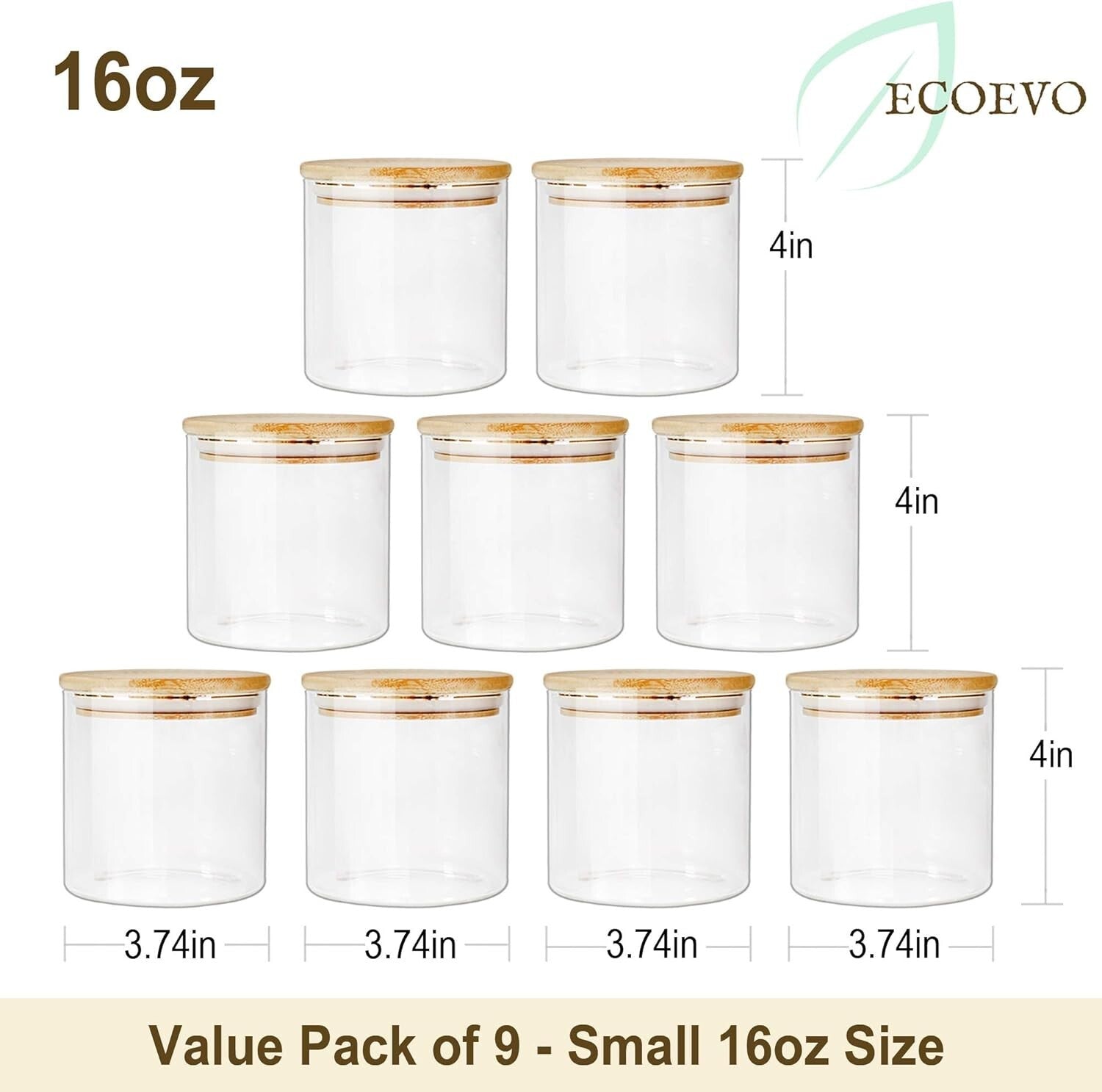Borosilicate Glass Jars Set with Bamboo Lids - 16oz, 9-Piece Storage Collection
