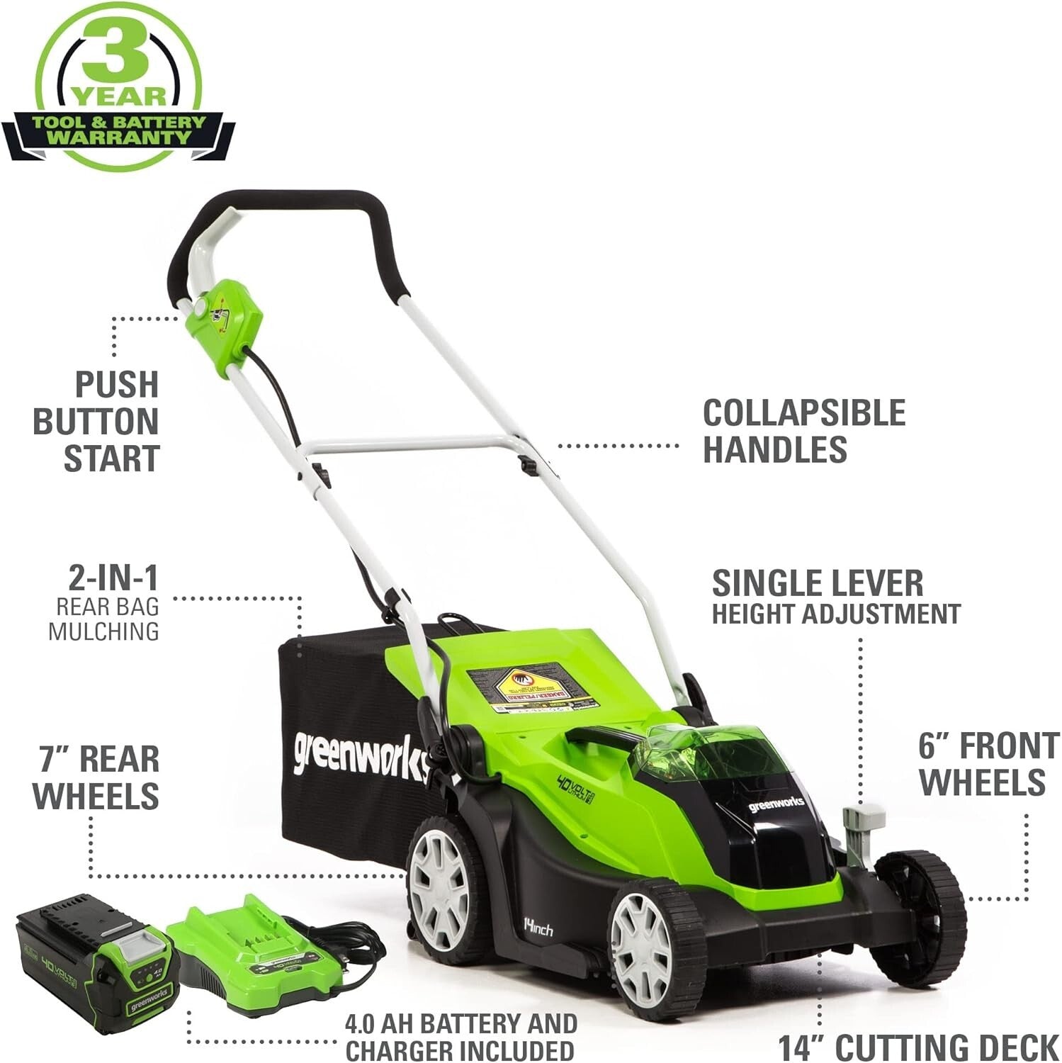 Eco-Friendly 14-Inch Cordless Lawn Mower - Smooth Operation with 3-Year Warranty
