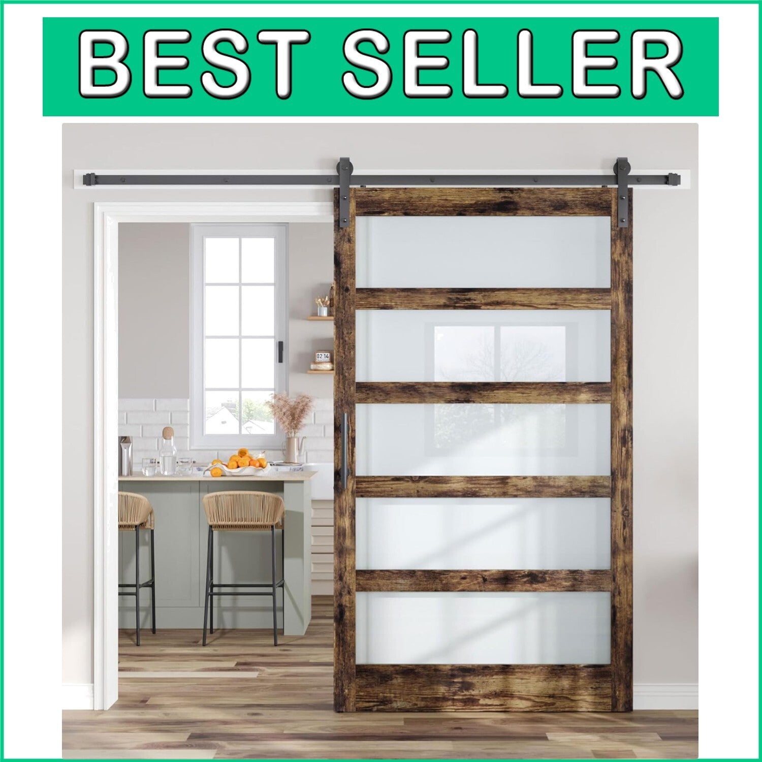 Elegant Brown LVL Wood Sliding Barn Door Kit - DIY Assembly with Frosted Glass