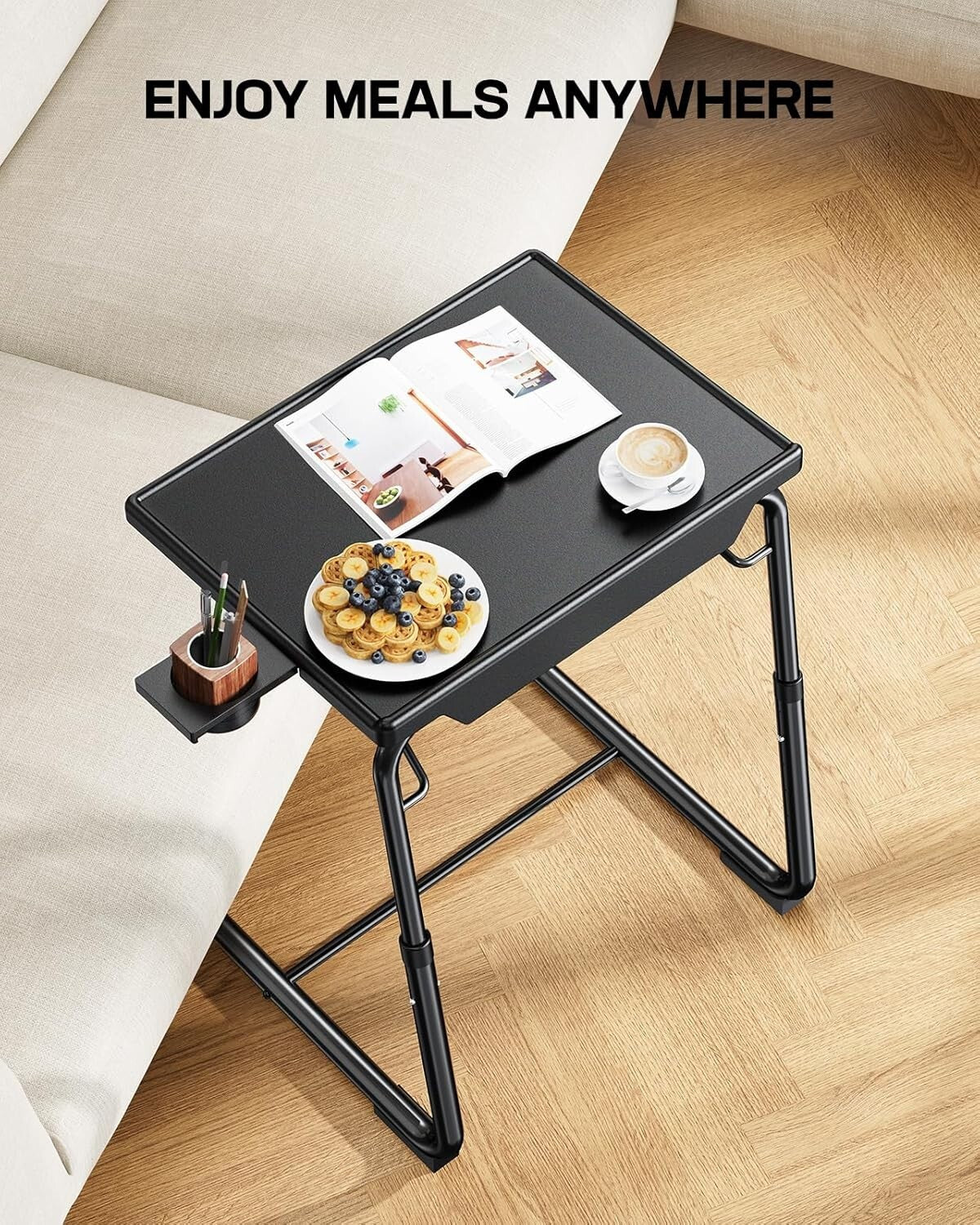 Versatile Folding TV Tray with 6 Heights & 3 Tilt Angles – Modern Black Design