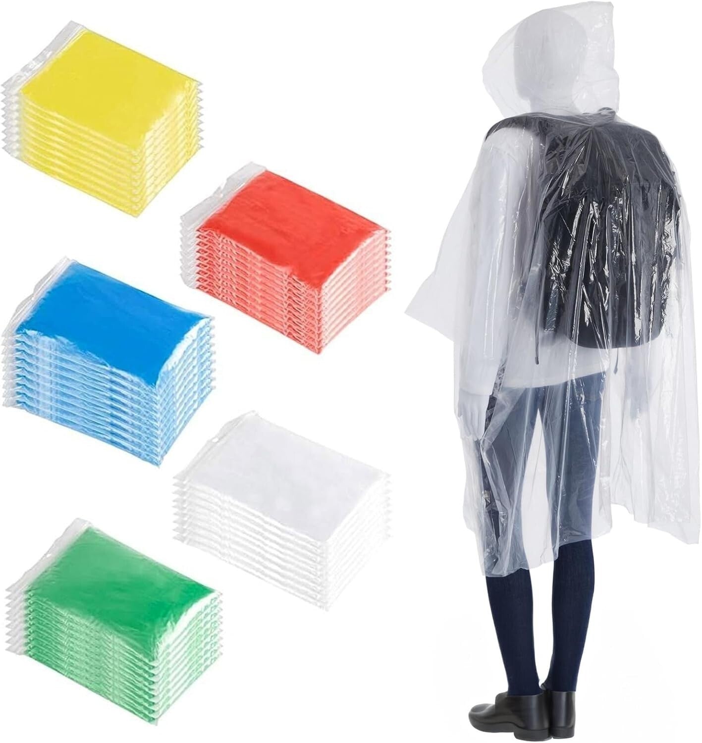 50 Pack Disposable Rainbow Rain Ponchos for Adults - Individually Wrapped