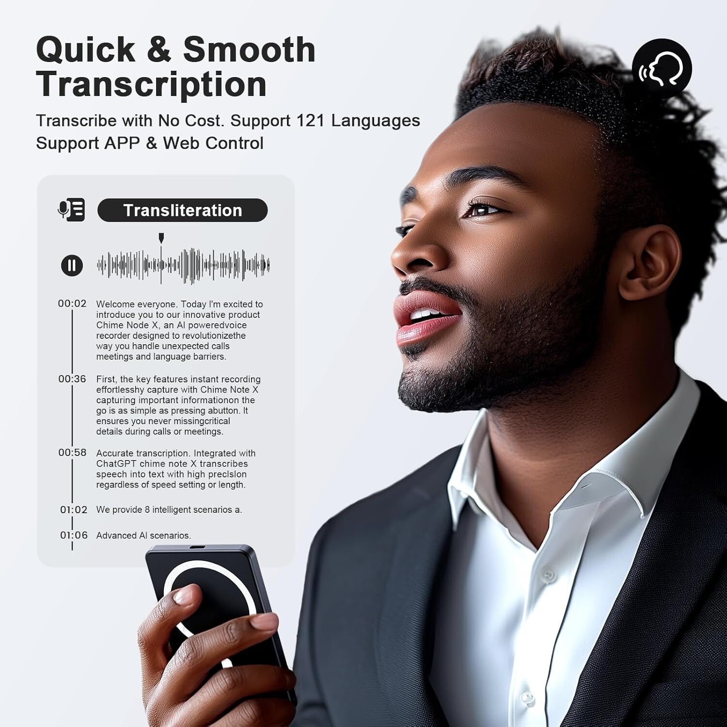 AI Voice Recorder with 121 Languages Translation & 64GB for Meetings & Lectures