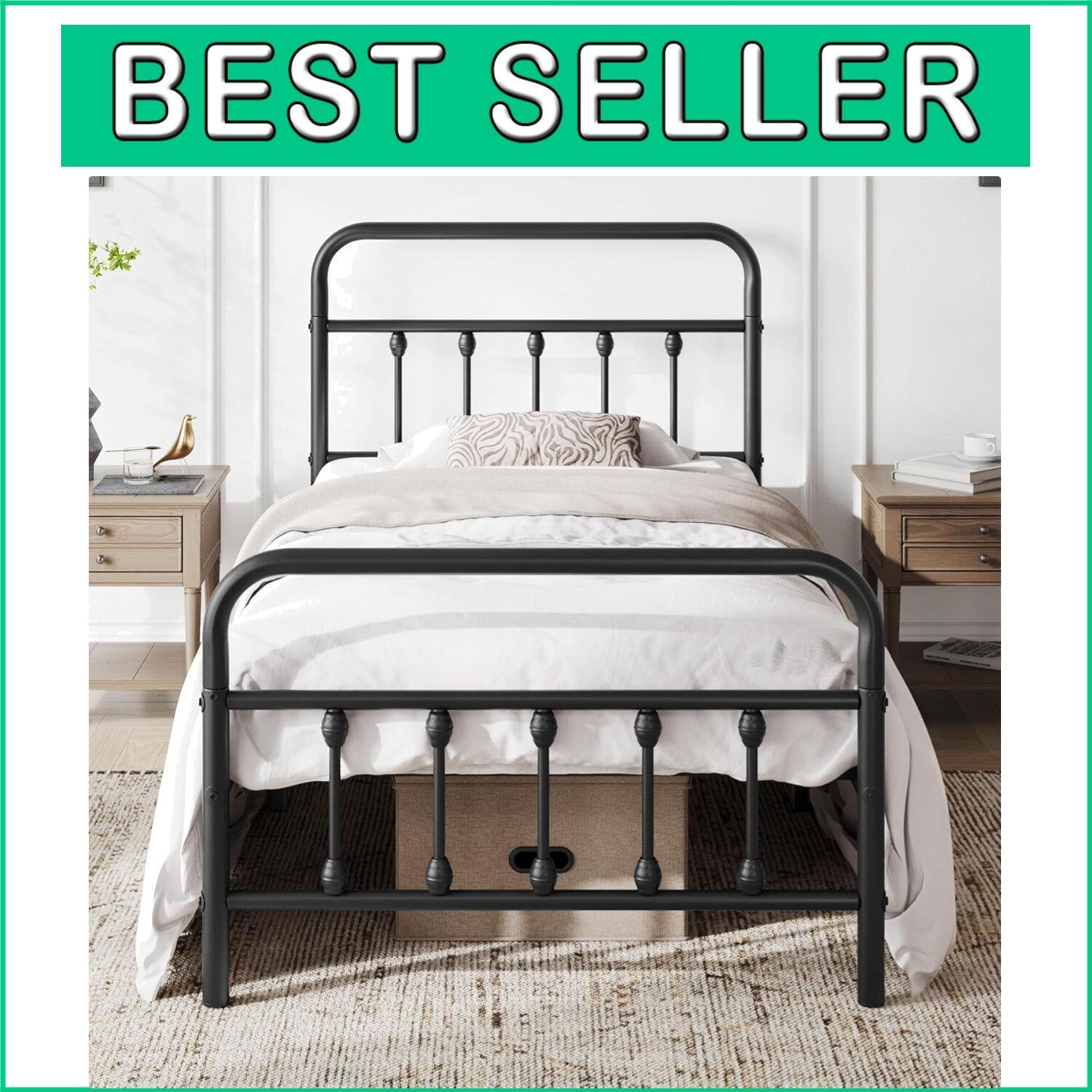 Elegant Black Iron Platform Bed Frame with High Headboard – No Box Spring Needed