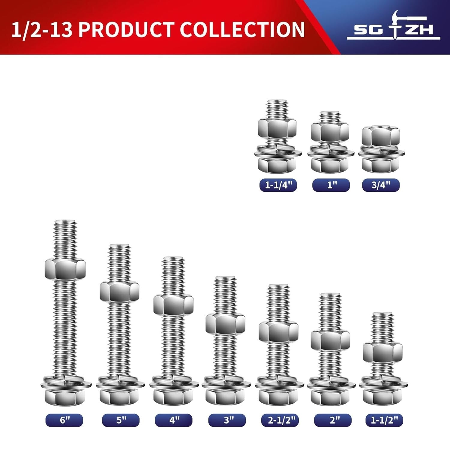 1/2-13 x 2" Fully Threaded Hex Bolts with Flat & Lock Washers - 18-8 Steel Set