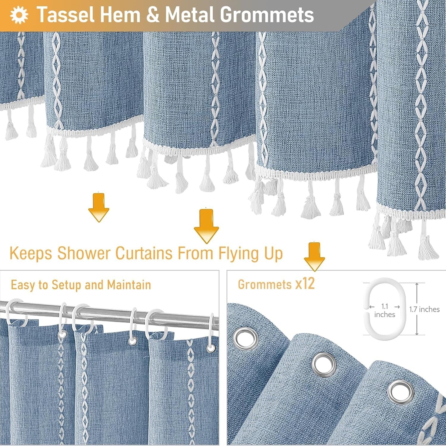 Elegant Water-Repellent Shower Curtain - 72x84 Luxurious Blue Boho Tassel Design