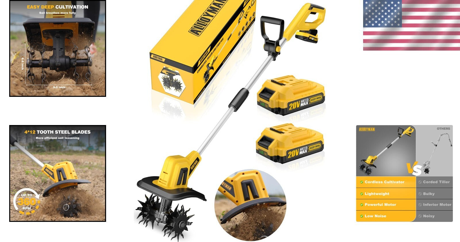 Efficient 360RPM Electric Garden Tiller with 9In Tilling Width & Safety Features