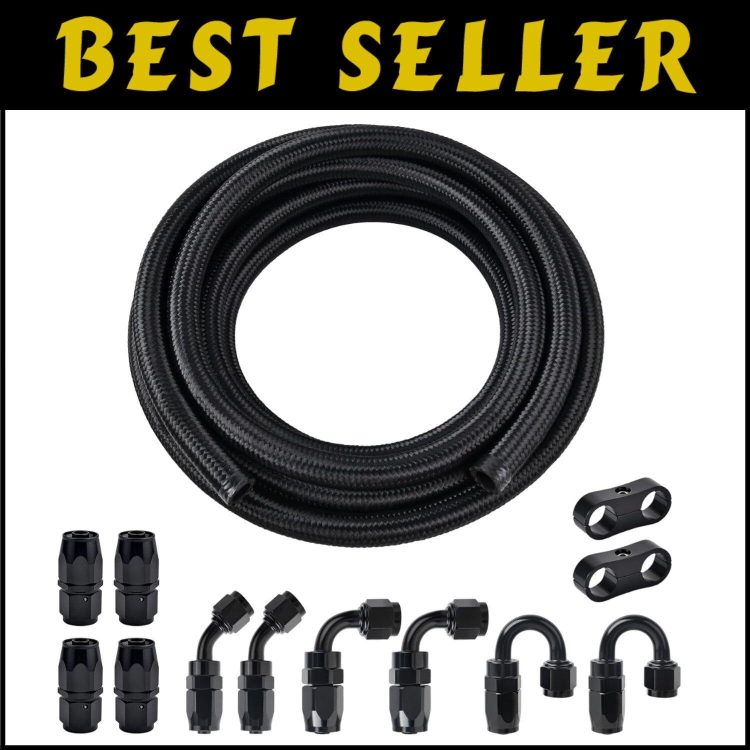 6AN Fuel Hose Kit - 20FT Nylon Braided Line with 10 Swivel Ends & Clamps - Black