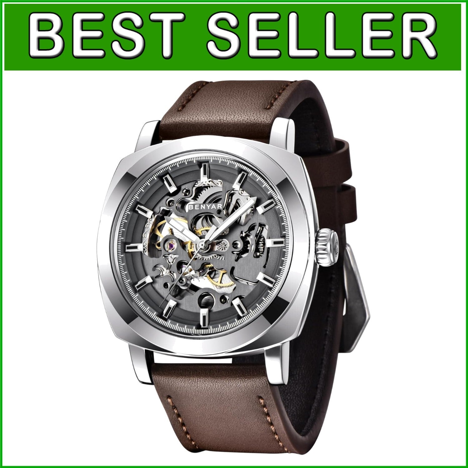 Benyar Men's Automatic Skeleton Watch - Stylish 45mm Leather Strap Design