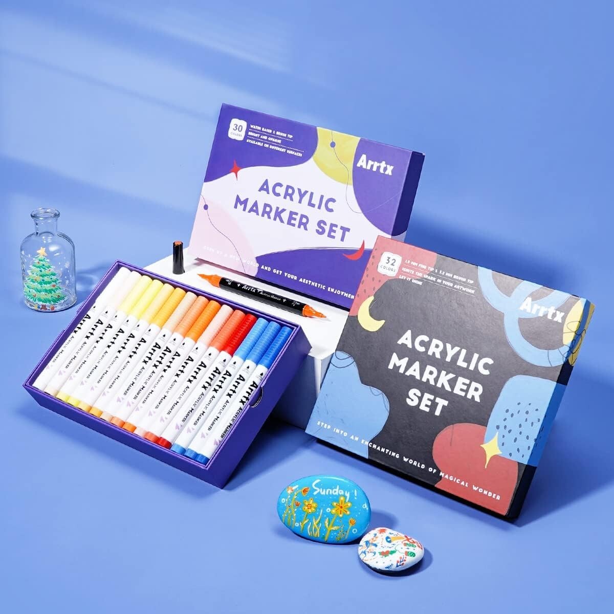 62 Vibrant Acrylic Paint Pens - Dual Tip, Non-Toxic Markers for Creative Crafts