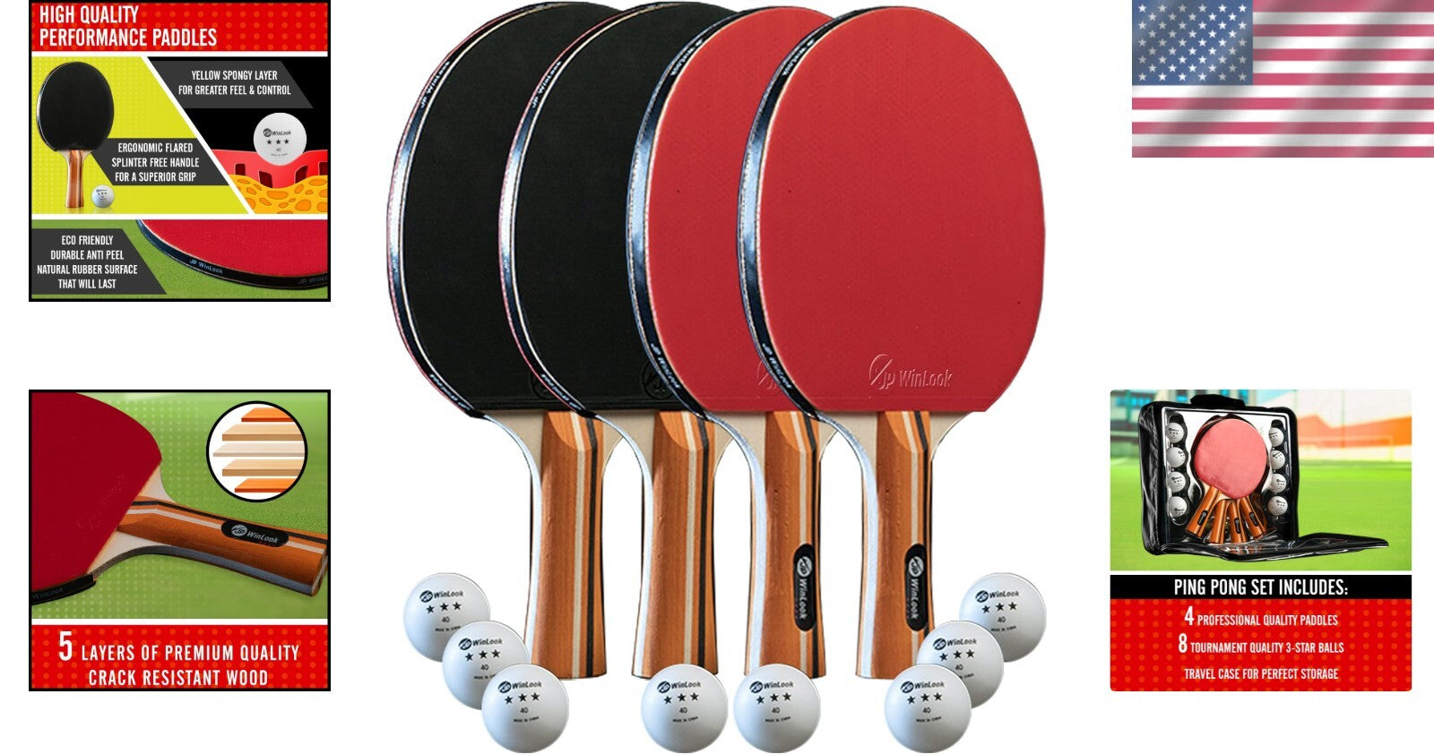 All-Ages Table Tennis Racket Set - 4 Paddles & 8 ITTF Balls - Travel Ready Case