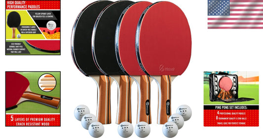 All-Ages Table Tennis Racket Set - 4 Paddles & 8 ITTF Balls - Travel Ready Case