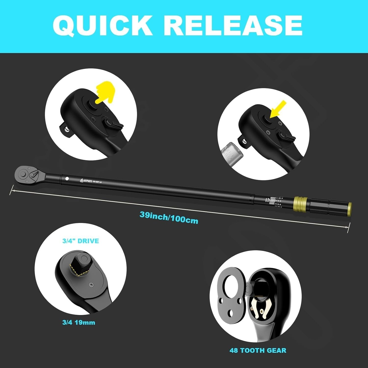 Durable Chrome Vanadium Steel Torque Wrench, 100-650 Ft-Lb, Dual-Direction Use