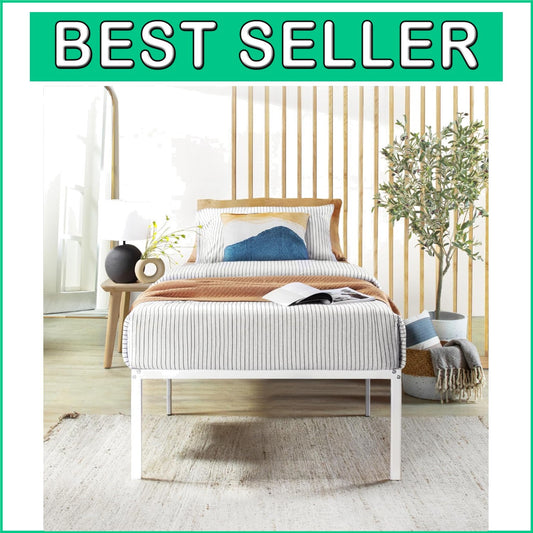 Elegant 18-Inch White Metal Platform Bed Frame with Steel Slats - Twin Size
