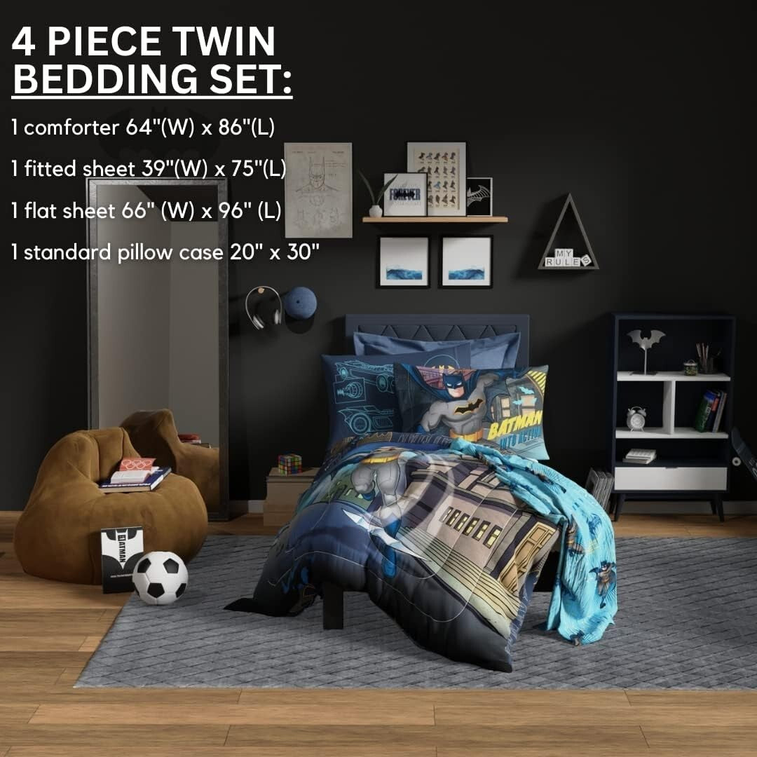 Dynamic Batman Kids Bedding Set - 4 Piece Twin Size Comforter and Sheets