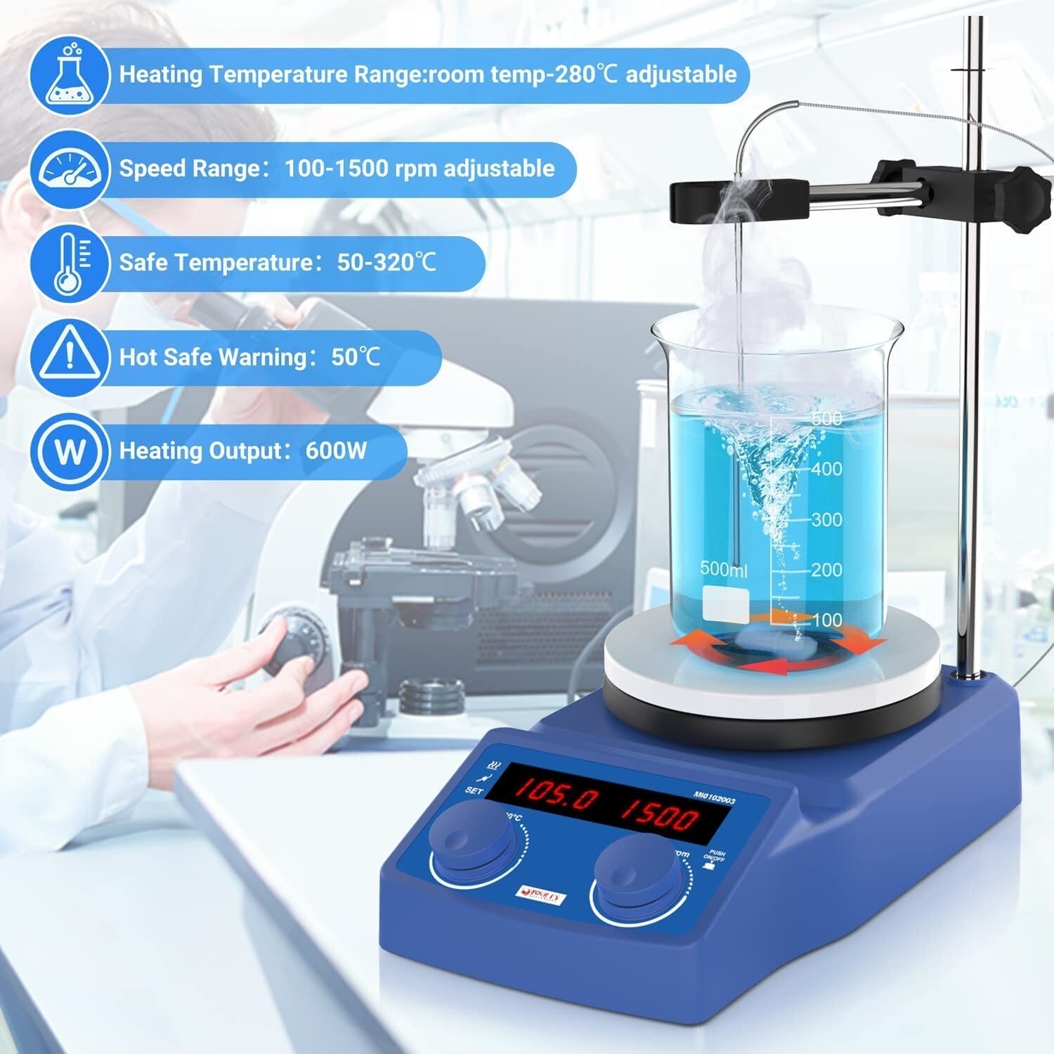 Laboratory Hot Plate with 5L Capacity - Adjustable 100-1500RPM Stirring Speed