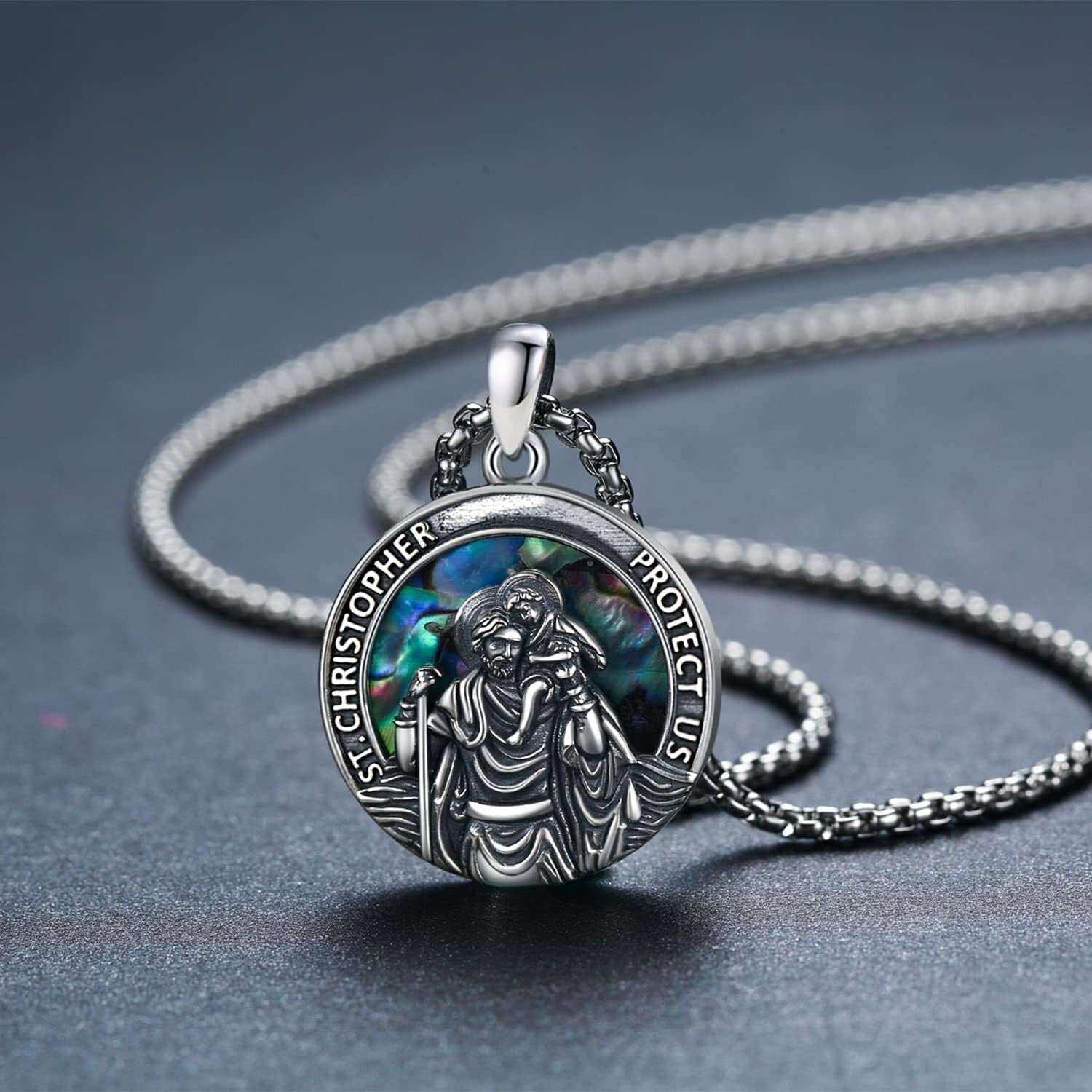 Elegant St Christopher Protection Necklace - 925 Silver and Abalone Gift Boxed