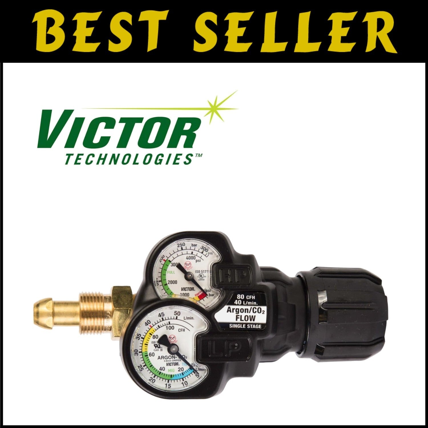 High-Contrast Victor EDGE 2.0 Argon Regulator - CGA-580 Connection for Welding