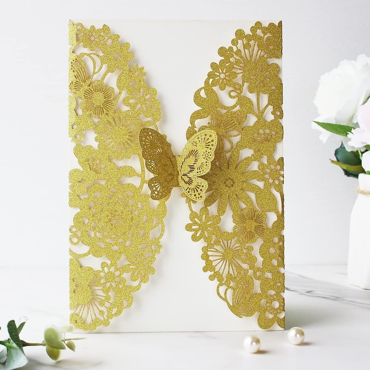 50 PCS Gold Laser Cut Lace Flora Wedding Invitations with Butterfly & Envelopes
