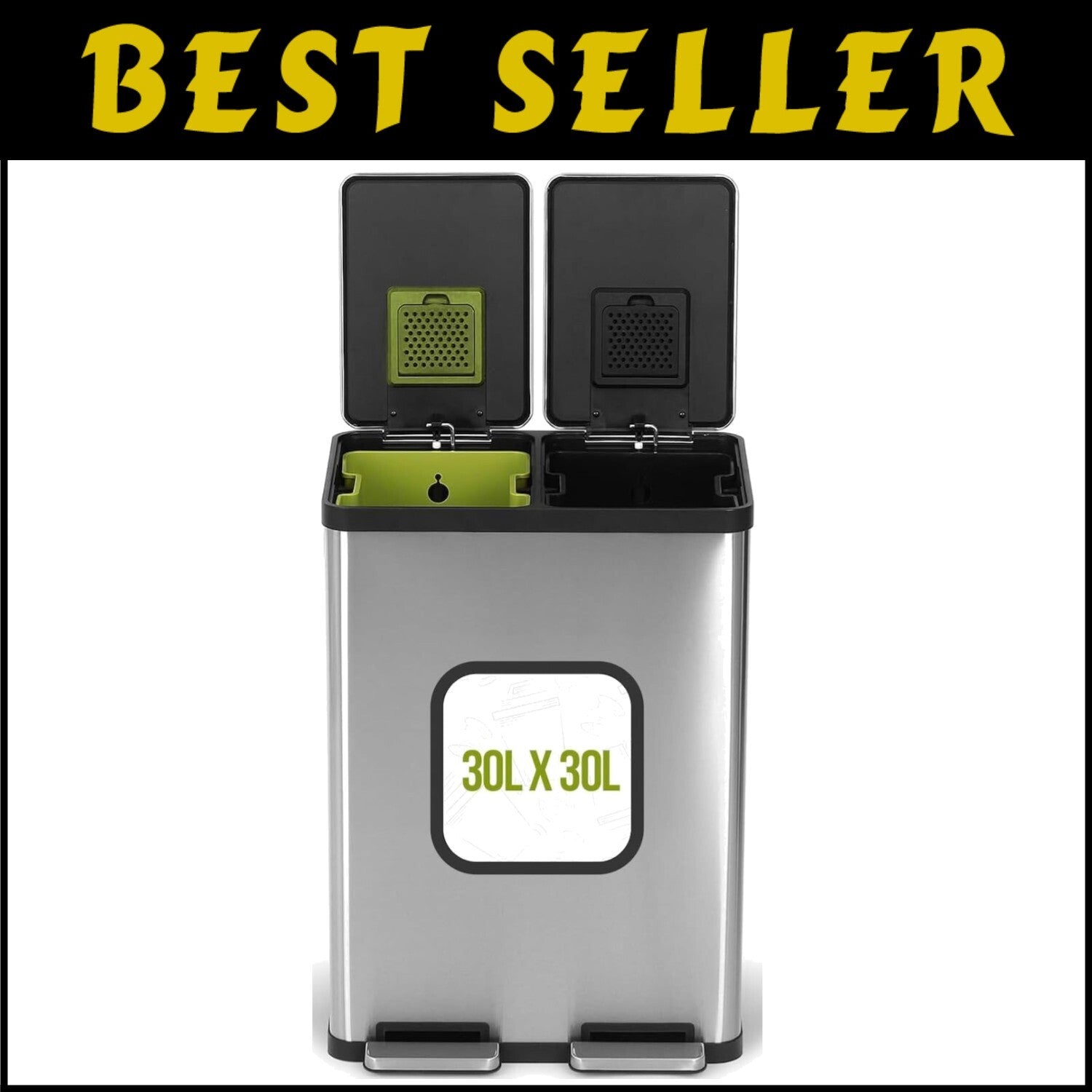 60L Hands-Free Dual Compartment Stainless Steel Recycling Trash Can - Silver