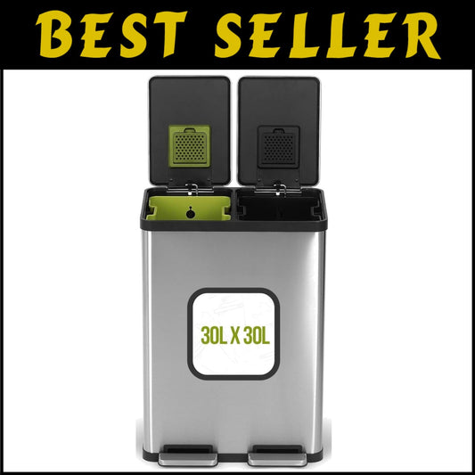 60L Hands-Free Dual Compartment Stainless Steel Recycling Trash Can - Silver