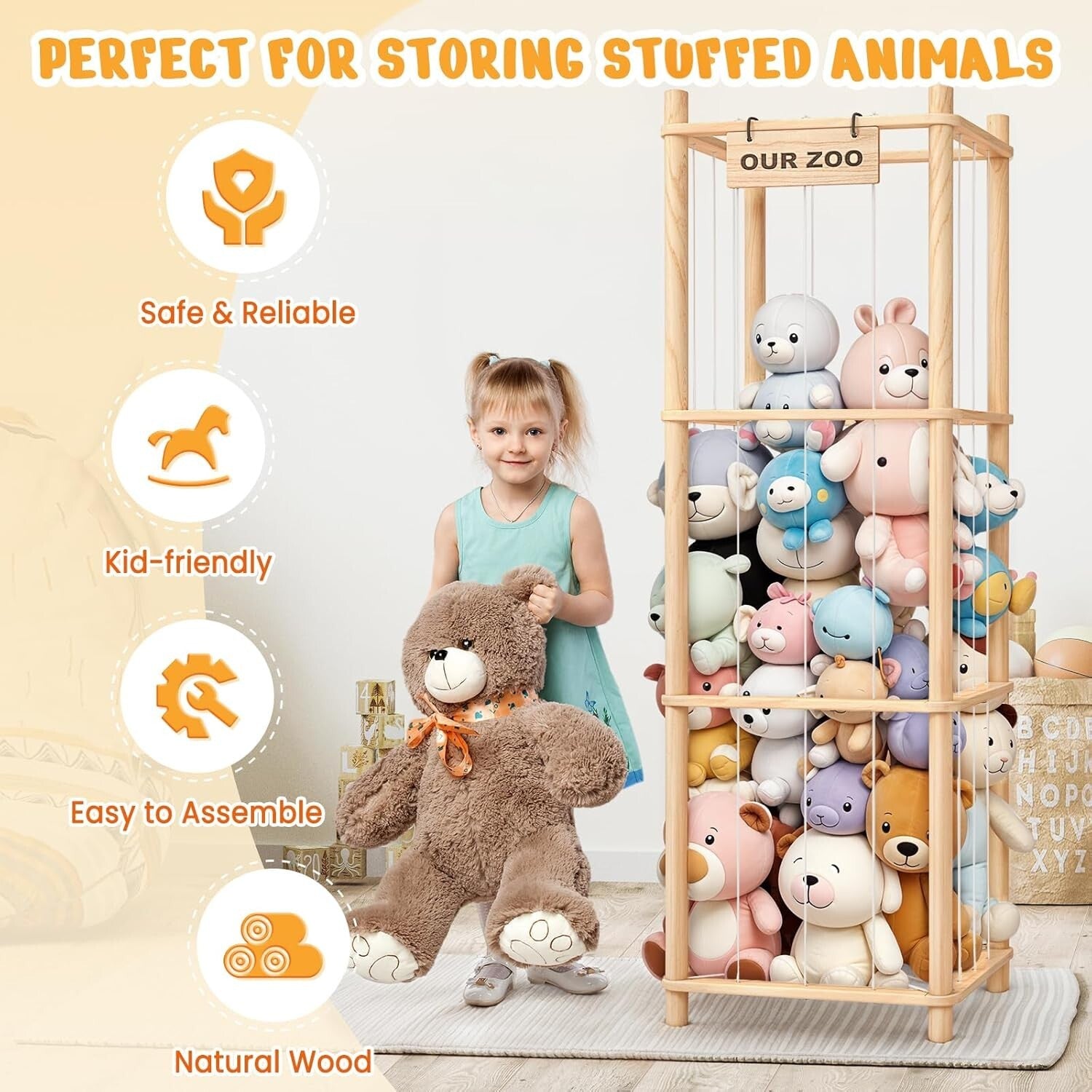 Durable Stuffed Animal Organizer with Personalizable Nameplate - 88 lbs Capacity
