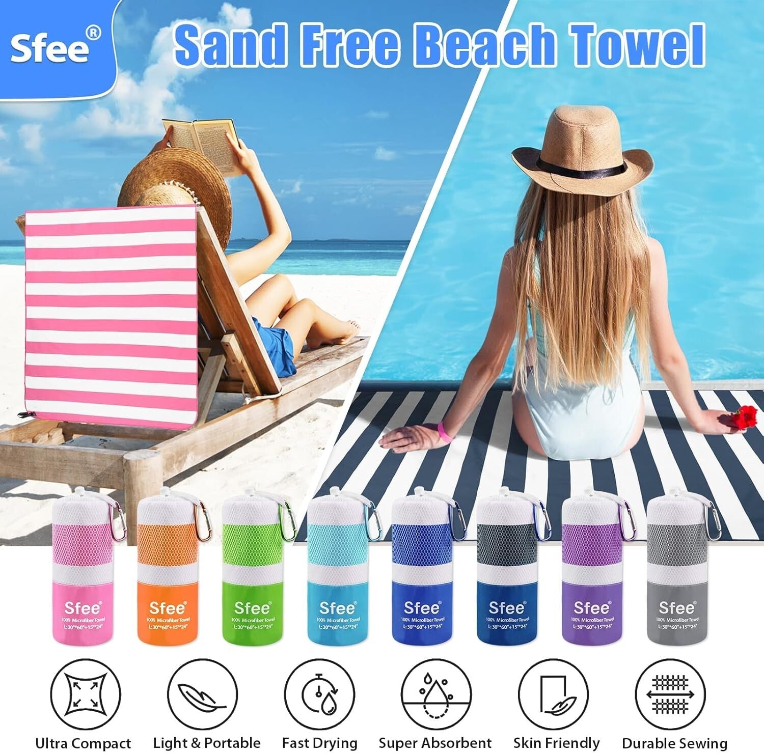Compact Microfiber Beach and Gym Towels Set - Ultra-Light & Super Absorbent
