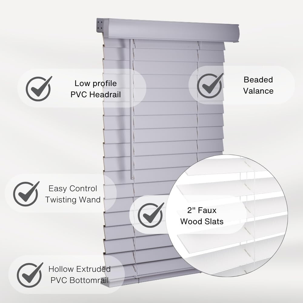 2" Smooth Light Gray Faux Wood Blinds - Cordless Window Treatment for Any Room
