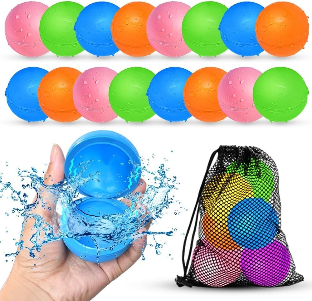 16 Pcs Reusable Water Balloons - Kids Summer Fun Toy, Quick Fill & Leak-Proof