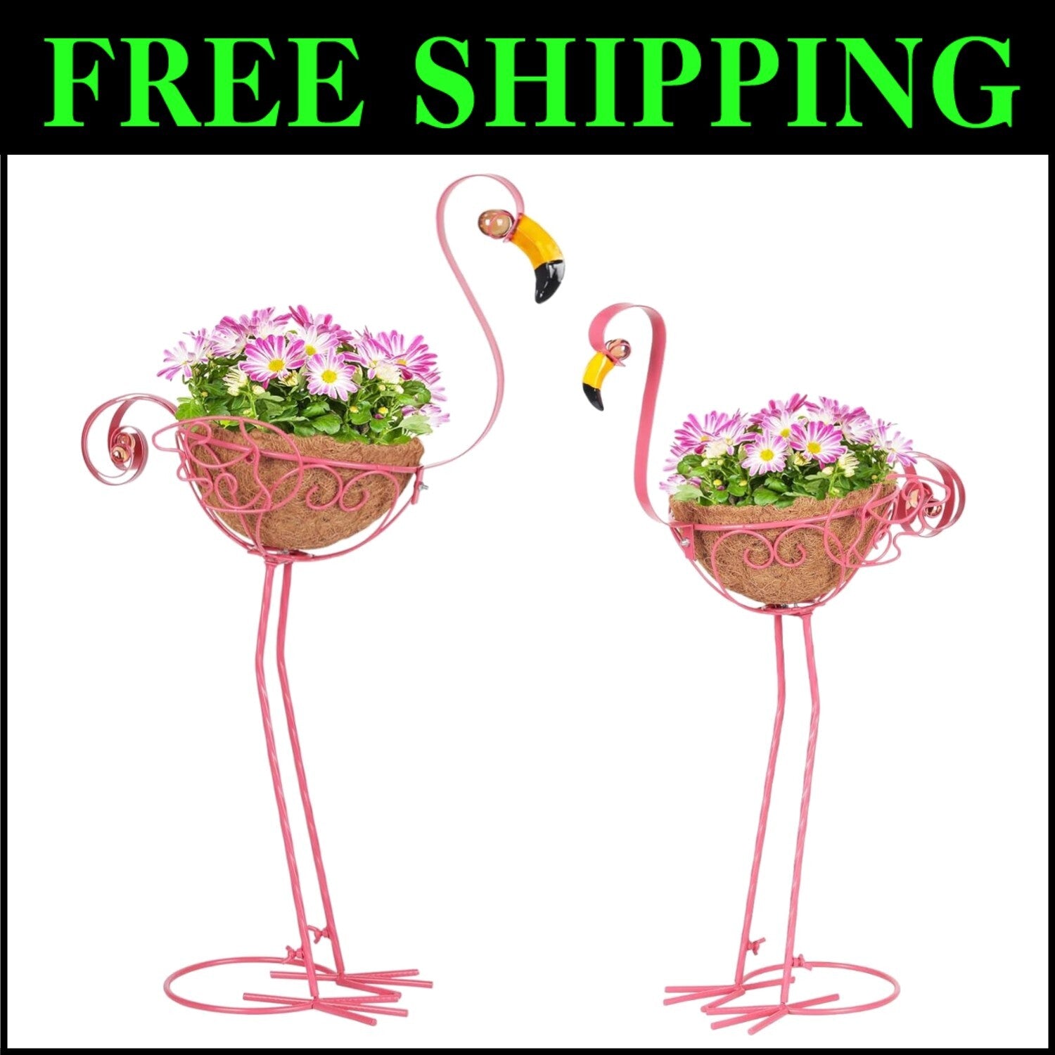 Adorable Pink Flamingo Planters - Set of 2 with Easy Assembly & Coconut Baskets