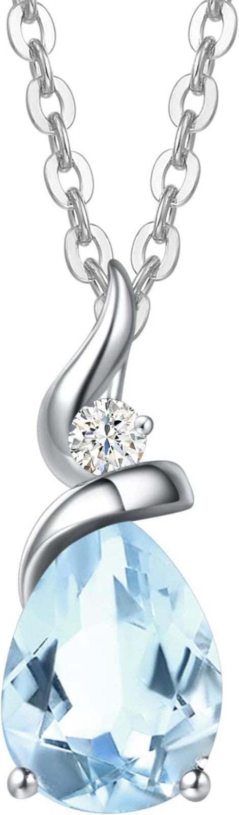 Sparkling Aquamarine Birthstone Pendant Necklace with 16" Chain & Diamonds