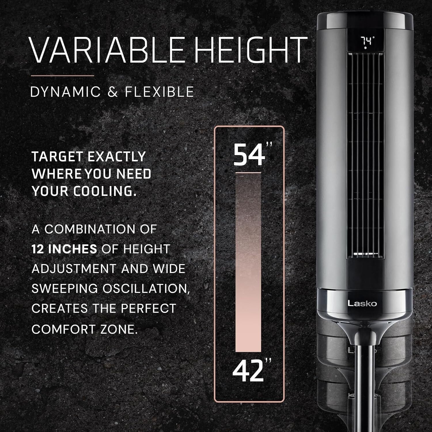 Elevation 42”-54” Adjustable Tower Fan with 31 ft/s Airflow & Remote Control