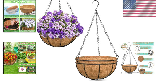 Elegant 3-Pack 16-Inch Metal Hanging Planter Baskets with Natural Coconut Liners