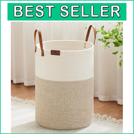Durable 100L Laundry Hamper with Leather Handle - Portable Woven Storage Basket