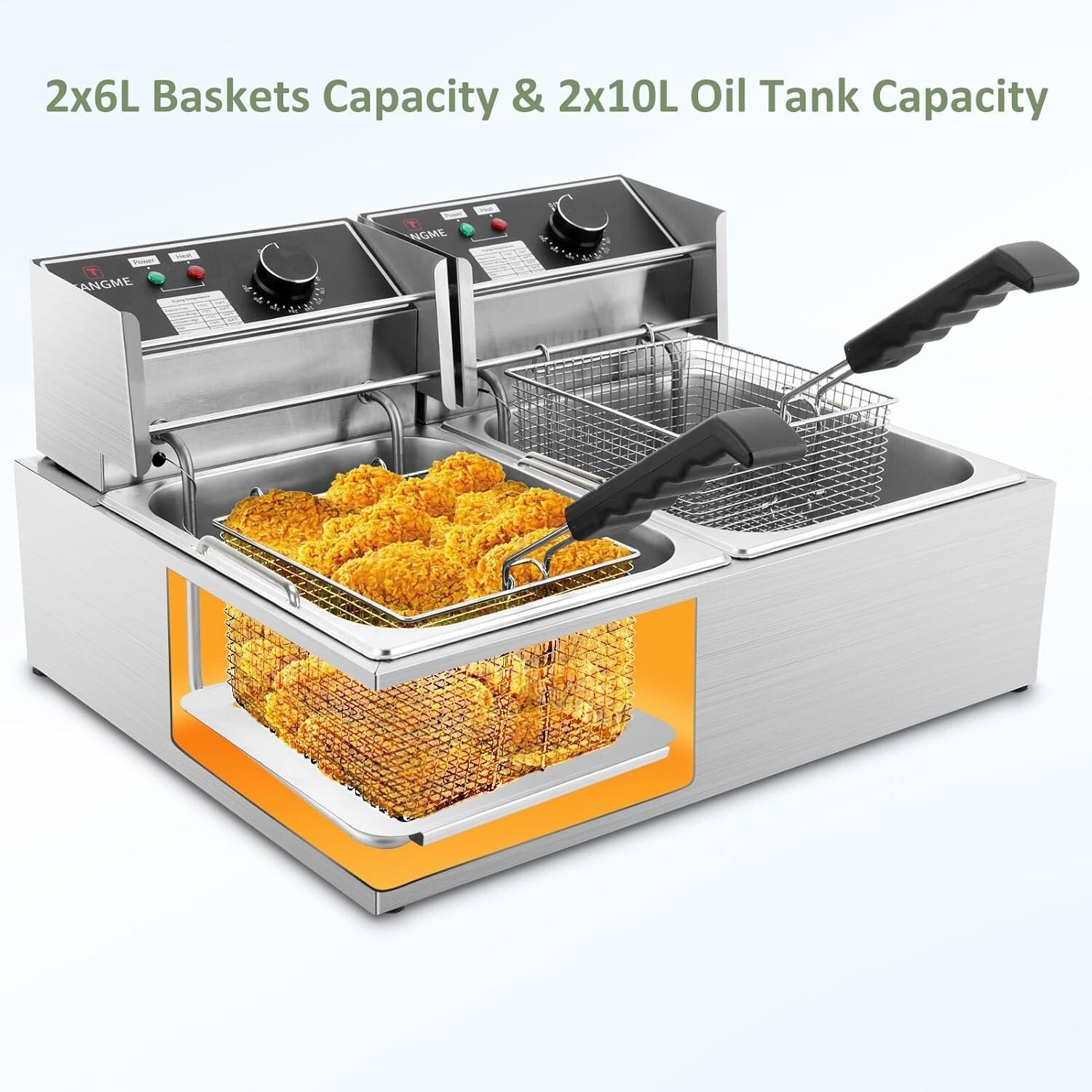 3400W Commercial Deep Fryer with 2x6.35QT Baskets - Stainless Steel Design