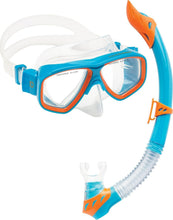 Load image into Gallery viewer, Blue/Orange Rocks Kids Snorkel Gear - Complete Mask, Fins &amp; Splash Guard Snorkel