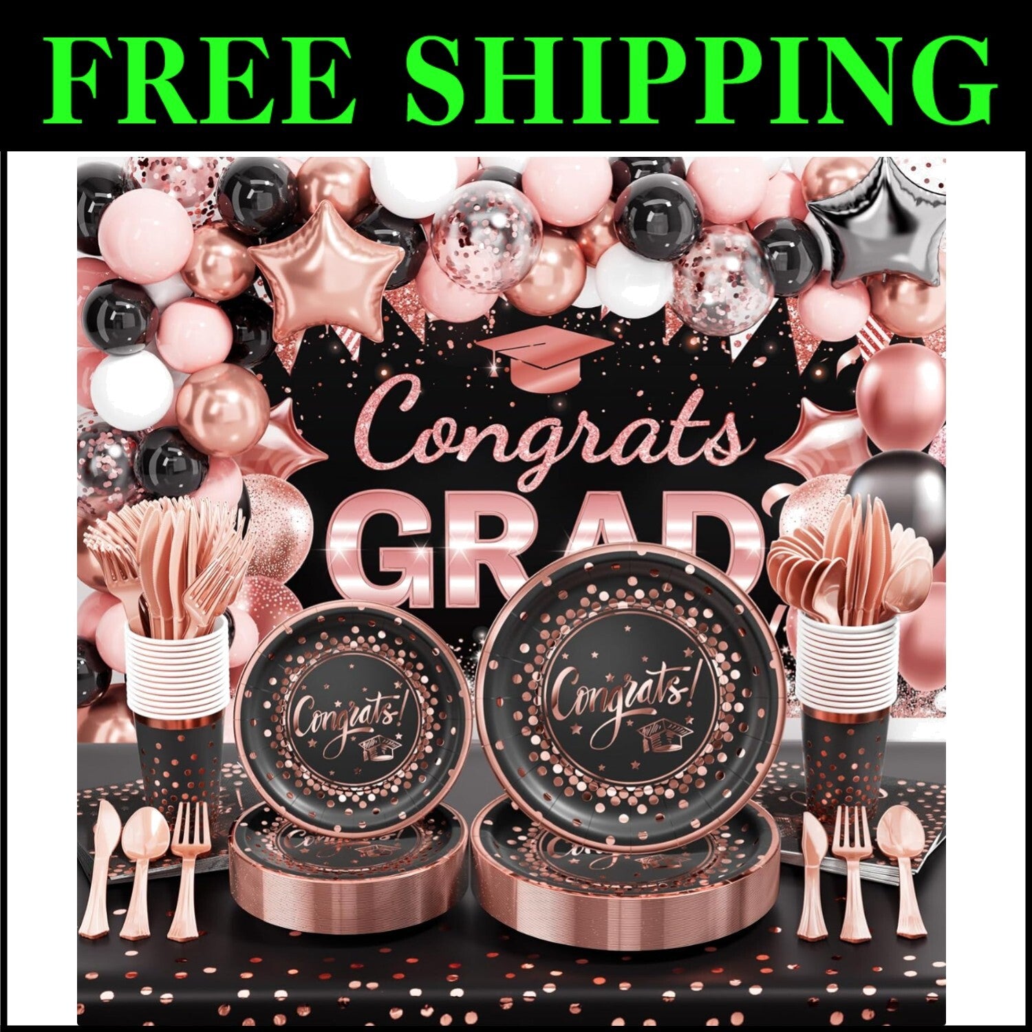 Complete 2025 Graduation Celebration Kit - 245 PCS in Black, Pink & Rose Gold