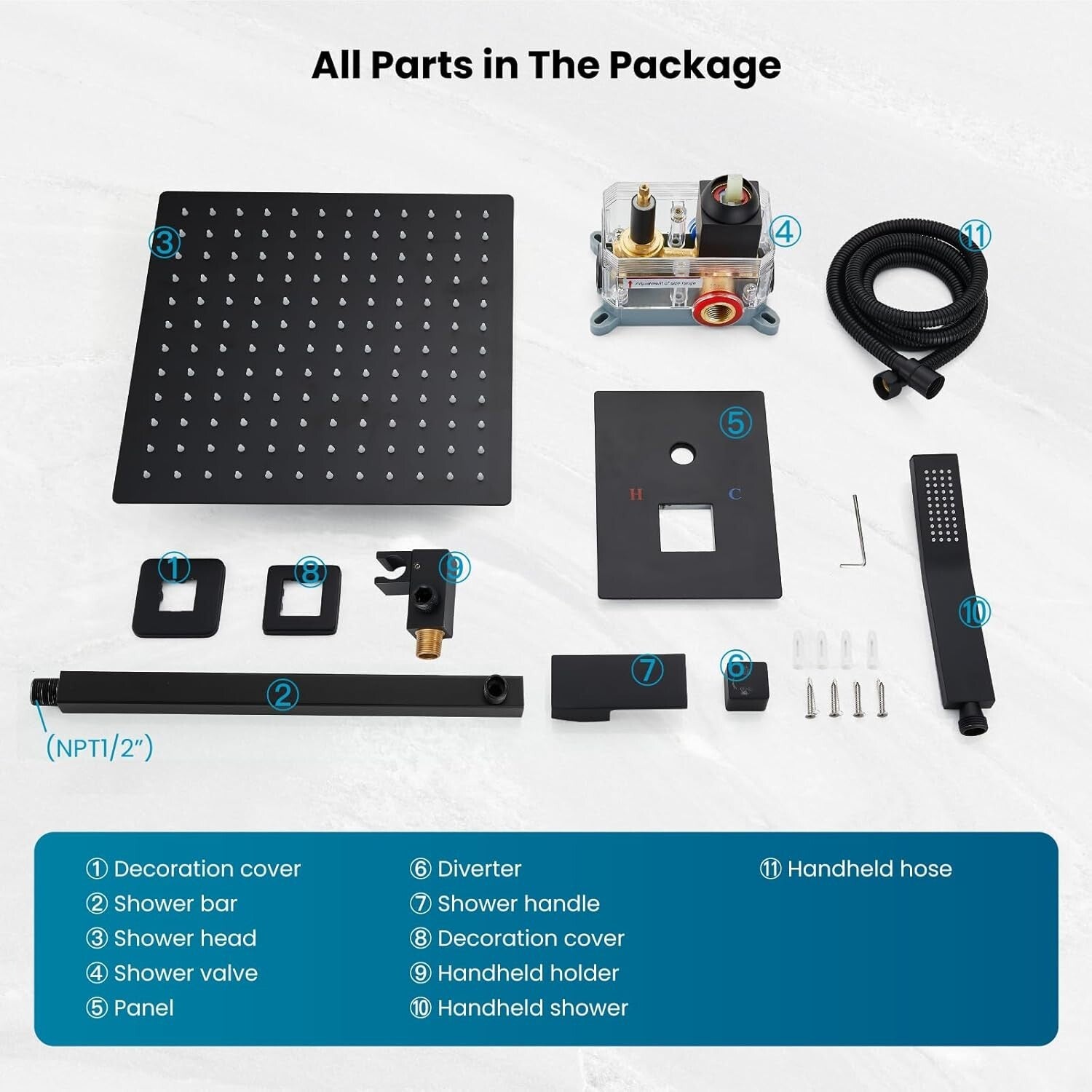 Complete Brass Rainfall Shower System: Matte Black Shower Head & Mixer Valve