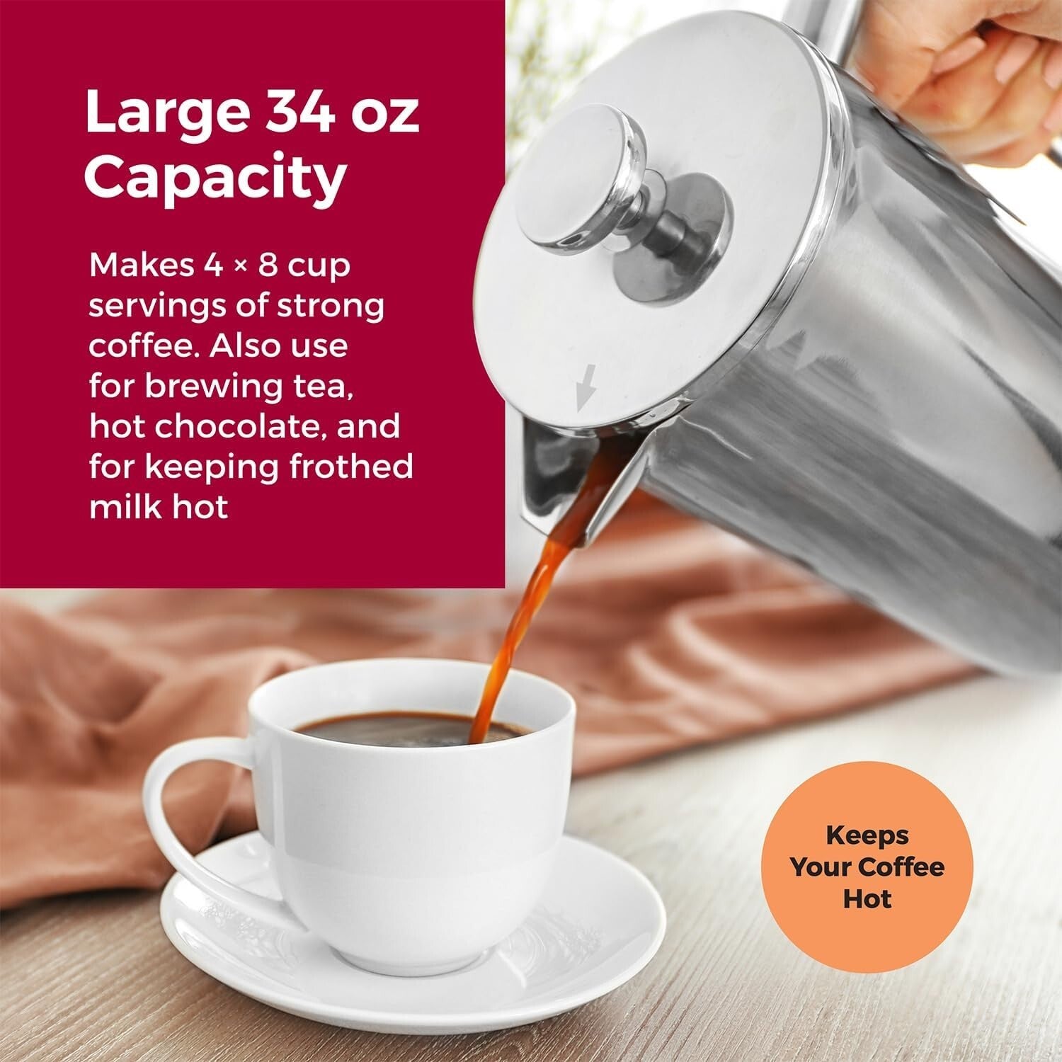 34oz Stainless Steel French Press with 4-Level Filtration for Rich Coffee Flavor