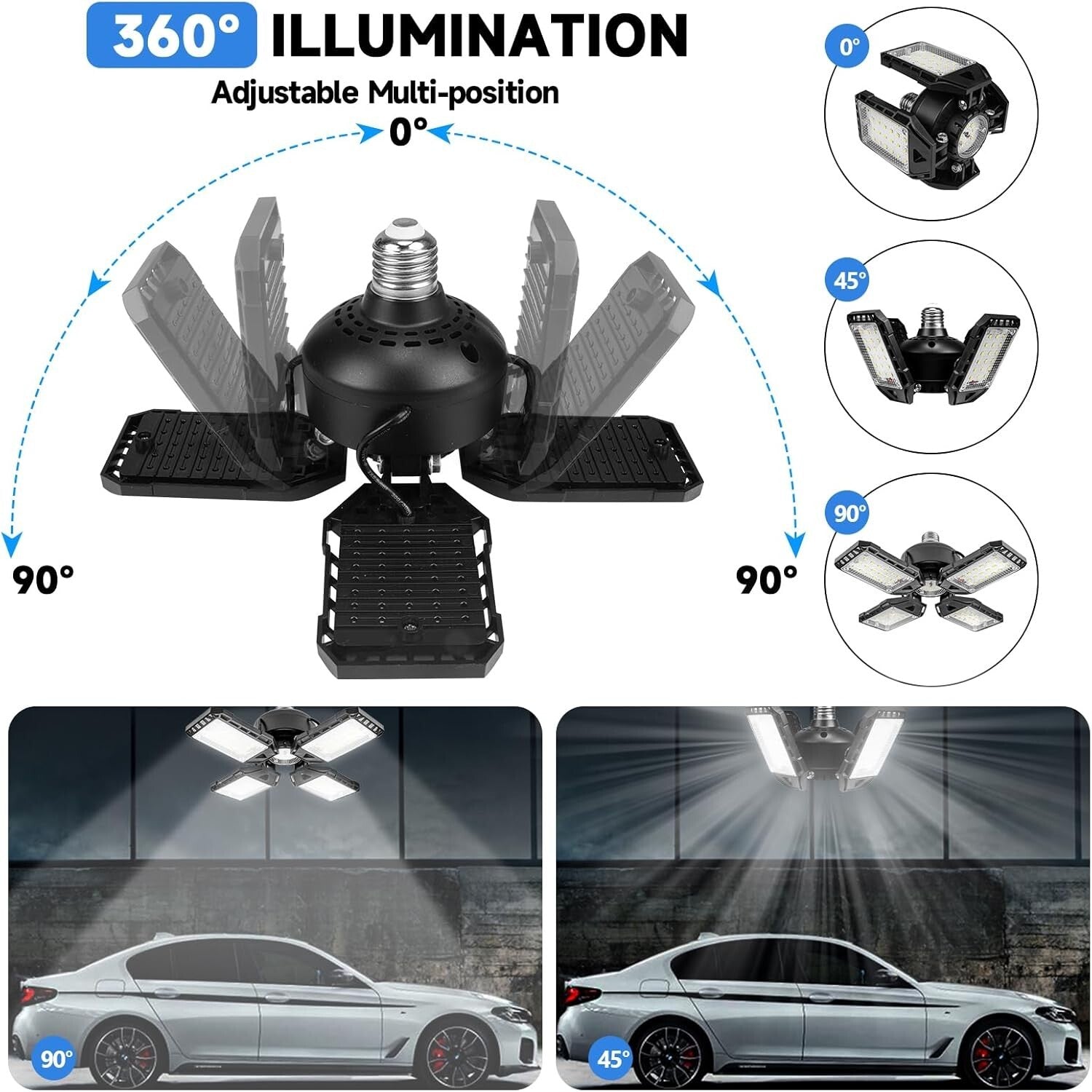 Energy-Saving 12000Lumen LED Garage Lights with Adjustable Deformable Panels