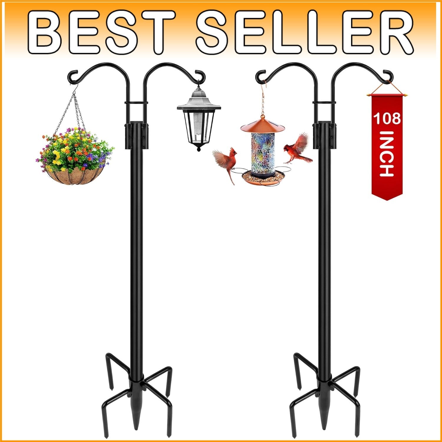 Elegant 2-Pack Heavy Duty Garden Poles with Dual Arms for Bird Feeders & Lights