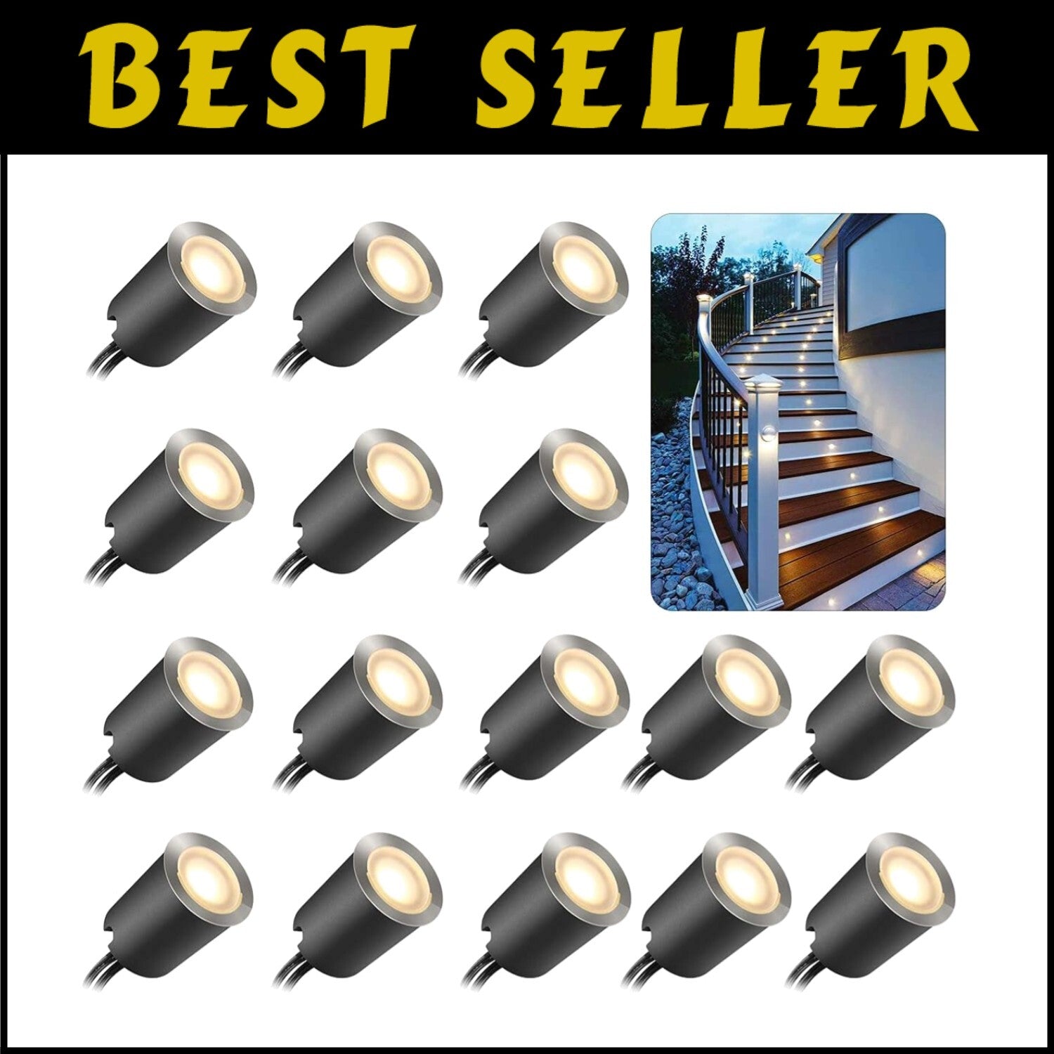 Durable LED Deck Lighting Kit - 16 Warm White Lights with Black Protective Shell